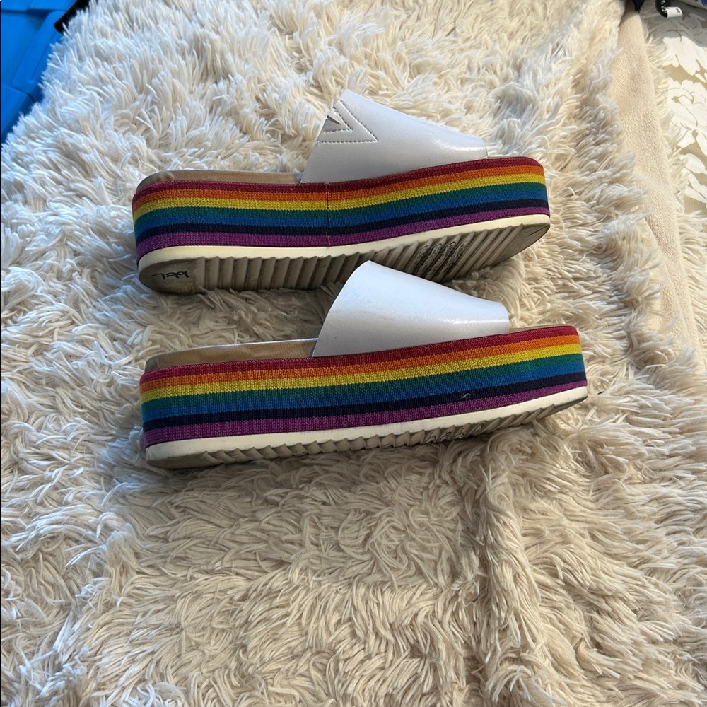 Madden Girl White Slide Sandals with Rainbow Thick Sole